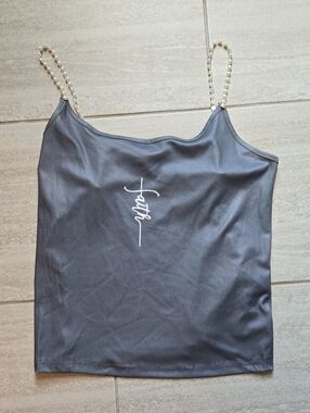 Pearl-Strap Charcoal Gray Cami with 'Faith' Script - Women